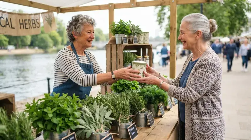 Two women in their sixties at a sunny farmers' market stall with bundles of fresh herbs tied with string, one handing the other a small round metal tin