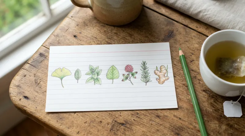 A hand-drawn chart in colored pencil on a lined recipe card showing eight small herb sketches in a row, on a wooden kitchen table beside a teacup