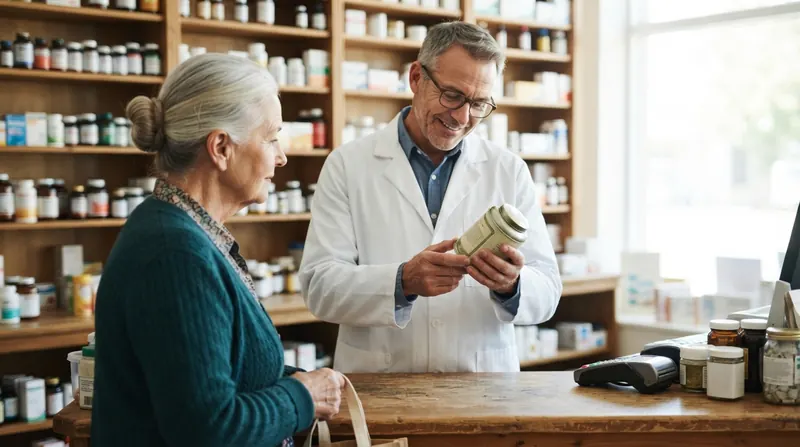 A friendly pharmacist in a white coat at a small-town drugstore counter reading the side of a round metal tea tin held by an older woman
