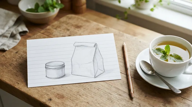 A hand-drawn pencil sketch on a lined recipe card comparing a small round tin and a large paper bag, with a teacup beside it on a kitchen counter