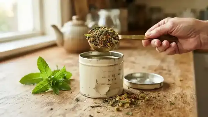 A brass measuring tablespoon scooping loose dried herb blend out of a round metal tea tin on a wooden counter, slow gentle zoom