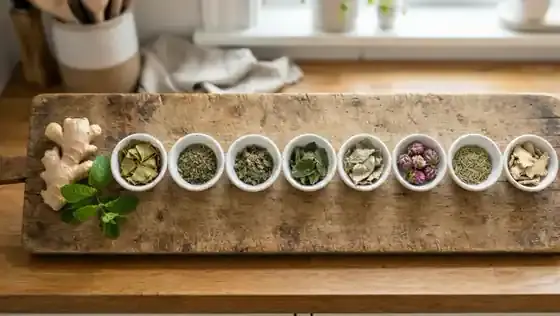 Eight small white ceramic bowls in a row on a wooden cutting board, each holding a different dried herb in green, gold and tan tones, with a fresh ginger root at the end