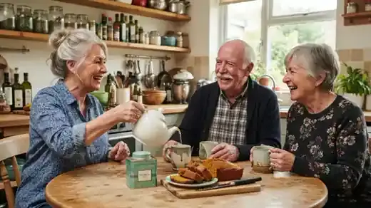 Three older friends laughing around a wooden kitchen table with mugs of herbal tea, a teapot, a plate of pumpkin bread and a round metal tea tin